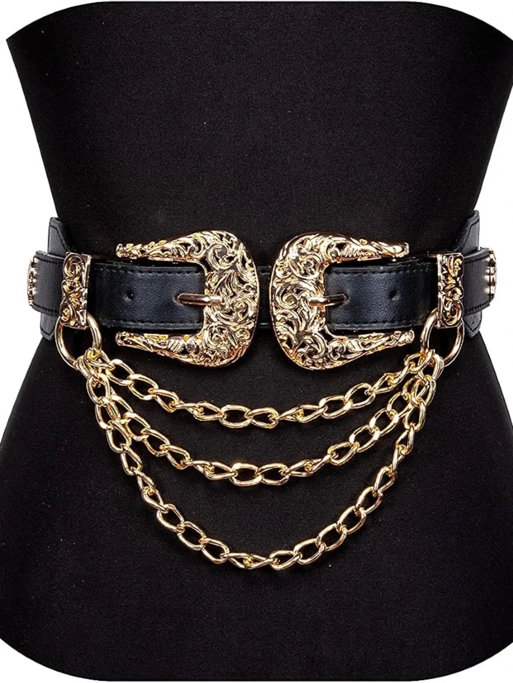 Black Leather Waist Belt with Gold Buckles & Chain Accent
